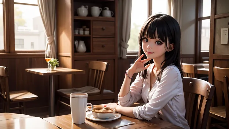 original photo, best quality), 1 girl, Kanao Tsuyuri, natural lighting, Upper body, cafes, Smile, Satosh Khan Art Style