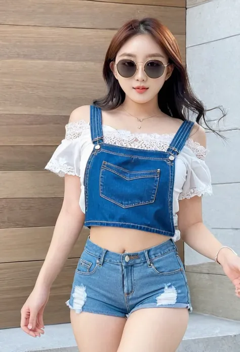 (best high quality:1.2), Work of art, 8k, extremely detailed, (High detail:1.2), ((perfect anatomy in hands)), (Hotlexi woman), Solo, 24 year old South Korean Ulzzang female, ((Mini denim shorts, small blouse, panty straps showing at the top of the shorts,...