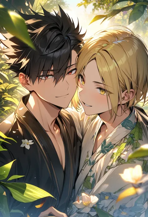 Ultra detailed, Highres, absurdres, HDR, Kuroo Tetsurou, black hair, golden eyes, Kozume Kenma, blond hair, extremely handsome, 2 men only, gay couple, green leaves, flowers and petals, summer