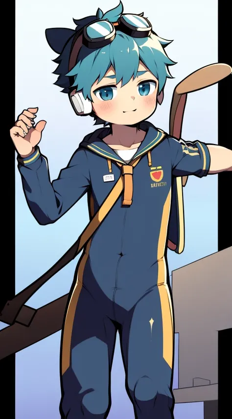 2D Boy Shota，One-piece mountaineering suit，Slim, healthy body，Put the headphones on your head，stand up，goggles，Rabbit ears，happy，sailor collar，tie