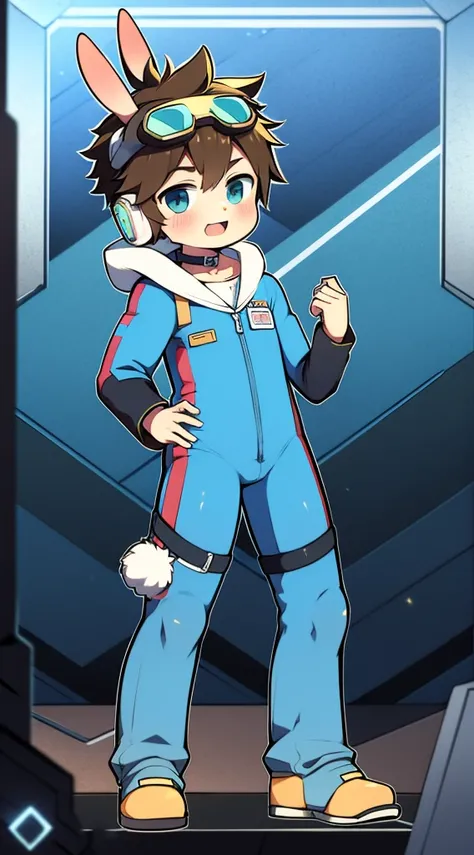 2D Boy Shota，One-piece mountaineering suit，Slim, healthy body，Put the headphones on your head，stand up，goggles，Rabbit ears，happy，sailor collar，tie