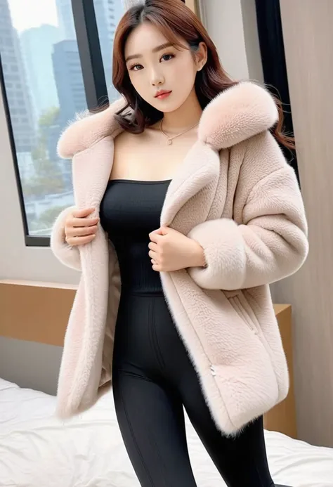 (best high quality:1.2), Work of art, 8k, extremely detailed, (High detail:1.2), ((perfect anatomy in hands)), (Hotlexi woman), Solo, 24 year old South Korean Ulzzang female, ((Tight leggings, furry cold coat)),