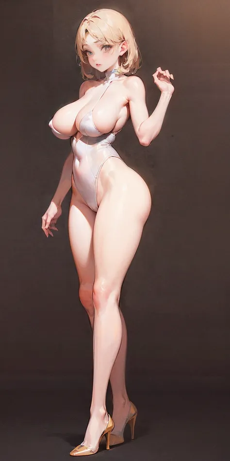 ((BLACK BACKGROUND,1:2, masterpiece)), full body MILF BIMBO standing with two long thighs and two high heels