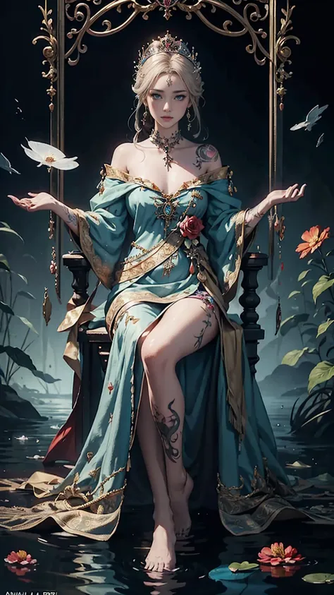 tattoo on body、There&#39;s a woman with flowers in her hands, album art, realism art, sitting on a throne underwater, art cover, realism art style, album, realistic art, official artwork, realism artstyle, music album art, Written by Adam Dario Kiel, reali...