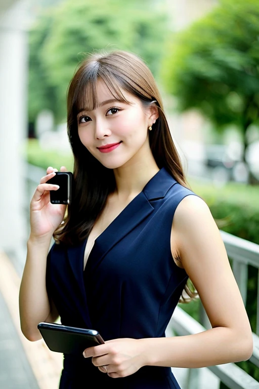 highest quality, shape, Super detailed, finely, High resolution, 8k wallpaper, ((I have a smartphone)), perfect dynamic composition shape, beautiful and detailed eyes, dark blue suit, chignon, half up, small breasts, natural color lip, smile、indoor、20 year...