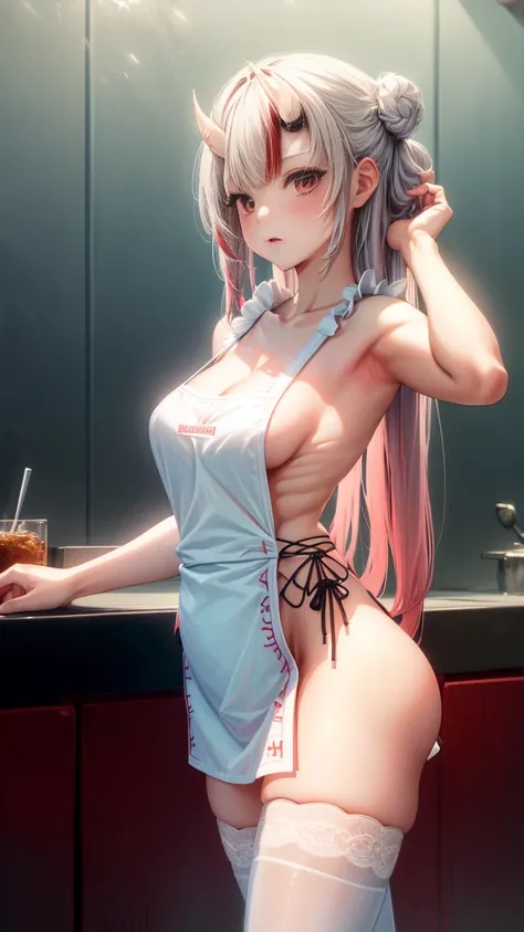 (masterpiece:1.3),(highly detailed:1.3),(highres:1.1),best quality,Ultra-detail,1girl,solo,kitchen,jelofolkwang,naked apron,((white apron)),ass,sideboob, unclear clothes , white pantie, ((perfect body)), salon,((take off pantie)), legwear ,hand pantie, ((p...