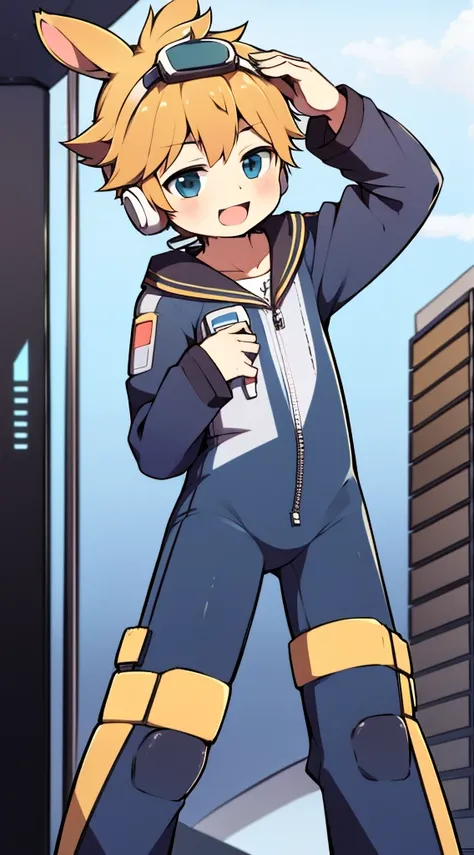 2D Boy Shota，One-piece mountaineering suit，Slim, healthy body，Put the headphones on your head，stand up，goggles，Rabbit ears，happy，sailor collar，tie，zipper，short sleeves