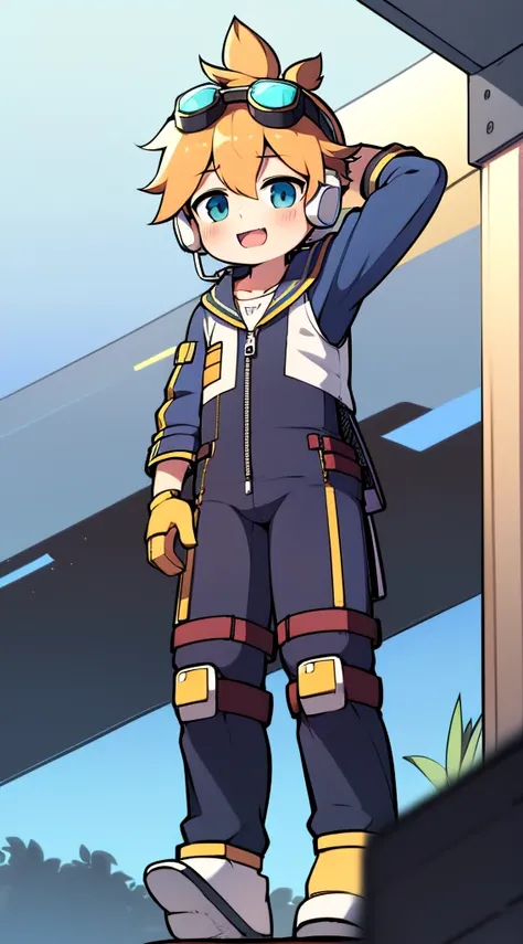 2D Boy Shota，One-piece mountaineering suit，Slim, healthy body，Put the headphones on your head，stand up，goggles，Rabbit ears，happy，sailor collar，tie，zipper，short sleeves