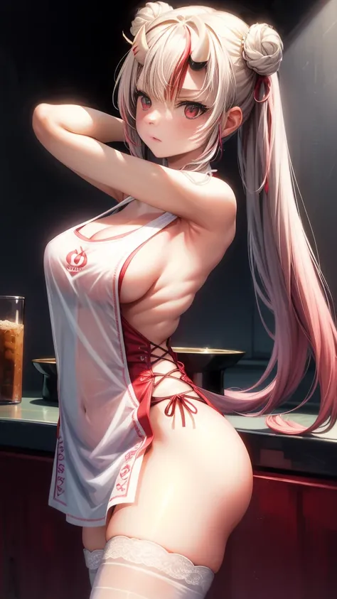 (masterpiece:1.3),(highly detailed:1.3),(highres:1.1),best quality,Ultra-detail,1girl,solo,kitchen,jelofolkwang,naked apron,((white apron)),ass,sideboob, unclear clothes , white pantie, ((perfect body)), salon,((take off pantie)), legwear ,hand pantie, ((p...