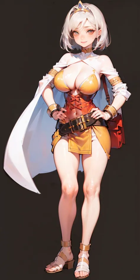 ((BLACK BACKGROUND,1:2, masterpiece)), full body MILF BIMBO standing with two long thighs and two metal sandals, red eyes, silver white hair, short bob style hair, big breasts, cleavage, separate sleeves, tiara royal, long cape up to two feet, yellow bikin...