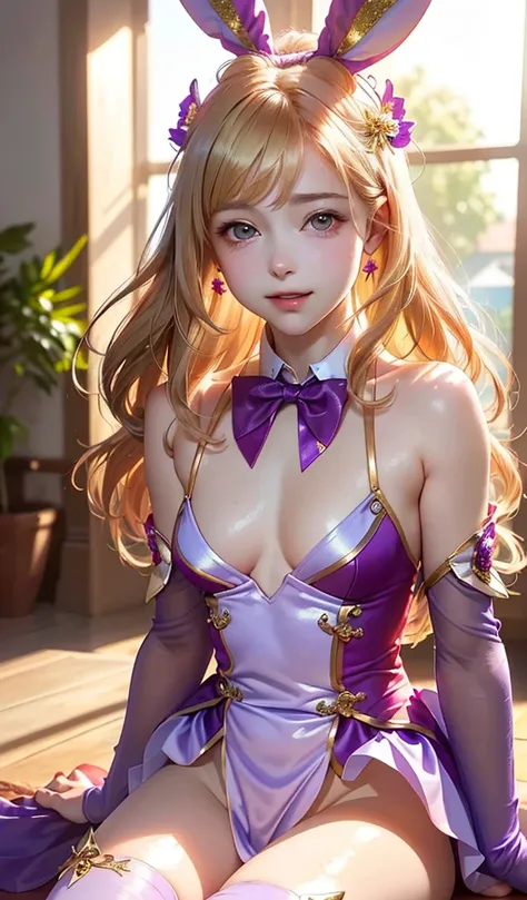 masterpiece, best quality, extremely detailed CG unity 8k wallpaper, (Upper Body head close-up shot of a beautiful little girl), , Elegant Long straight blonde hair, (Mckenna Grace), (flat chest,thighs), (Purple-red) golden (Glittering tutu,long Bunny Ear ...