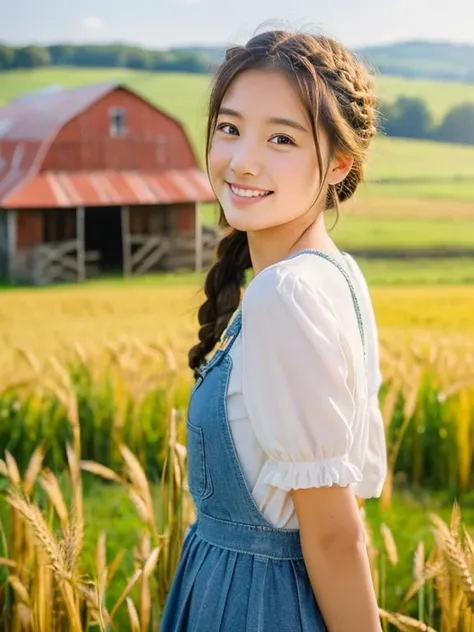 1 girl, 20 years old, tall and attractive, Wearing cute country clothes, hair braided, Stand in a rustic farm setting. she has a soft, Gentle smile and expressive eyes. A charming barn in the background, Golden wheat fields and clear blue sky. The composit...