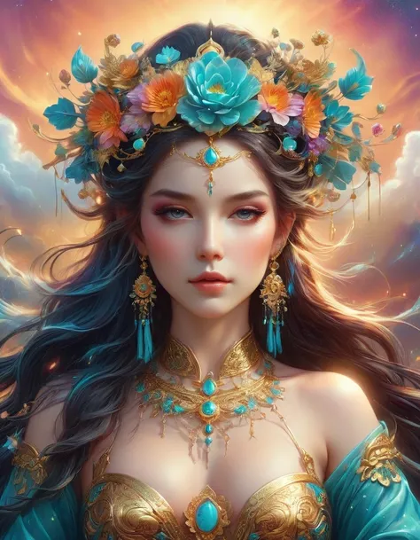 There was a beautiful lady holding a sword, fair and smooth skin, Flowers bloom, It is beautiful and delicate, Gold ornaments, turquoise decoration, Various gemstones, no clothes, Beautiful flowers, goddess, extremely high detail, Very detailed shot of the...