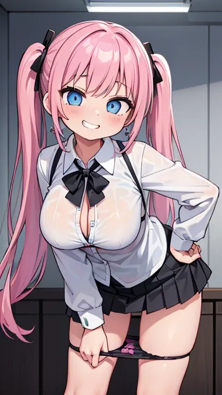 (masterpiece、highest quality、Super detailed)、((1 girl))、((pink hair))、((twin tails))、((light blue eyes))、evil smile、((grin and laugh))、vapor、earrings、((very big breasts))、((white collared shirt))、((Remove all buttons))、((black lace bra))、((black pleated sk...