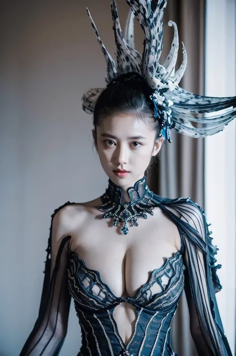 Clothing creative fashion design，Iris van Herpen designer style，Marine life curve，Sense of lines，bone structure，Symmetrical design，Blue and white lines，Highlight sexiness，Japanese model，big breasts，Hot