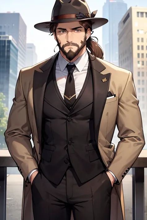 Caucasian male, very tall, long brown hair worn in a ponytail, chinstrap beard graying at the chin. hazel green eyes, narrow shoulders, strong musculature. three piece suit and fedora.