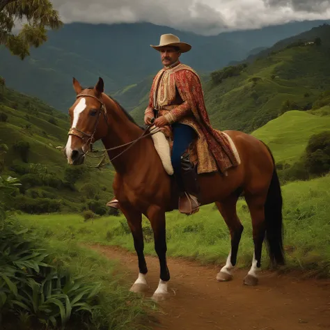 1800 AD (man riding a horse on a trail in the mountains of Antioquia, in Colombia, dressed in period costumes, looks intently at the camera, he is close and the shot is close). oil painting, detailed horse and rider, vibrant colors, spectacular lighting, v...