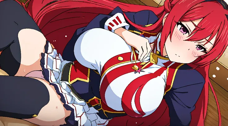 anime girl heroes red long hair black eyes sexy mode big big breasts cyber uniform panties no background