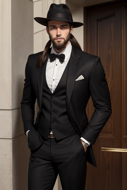 Caucasian male, 18 years old, very tall, long brown hair worn in a ponytail, chinstrap beard graying at the chin. hazel green eyes, narrow shoulders, strong musculature. Black, tailored three piece suit and fedora.