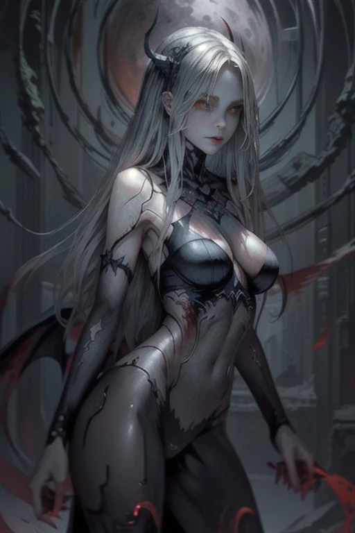 Grey skin, bloodmoon, succubus, rare, cursed maiden, succubus armor, beautiful woman, long silver hair, red glowing eyes, grey skin, black wings, palace ruins,