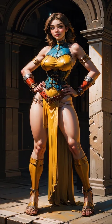  yellow bikini, hands on waist, navel, lustful smirking smiling, smile face (red blushed, red cheeks), metal shoulders, gold sleeveless armbands, black leather choker slave collar, shackle bracelets, sex slave red crest, pauldrons, breastplate, corset, eye...