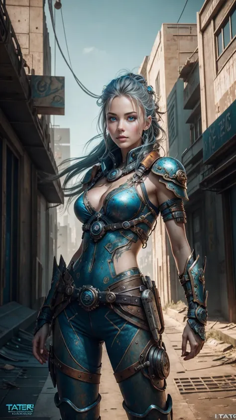 Detailed photo of futuristic beautiful female warrior in dystopian city, Tattered costume with rusted metal armor plates, long wild hair, tattooed arms and body, fashion pose, blue eyes with round irises, detailed face, apocalyptic environment, natural bod...