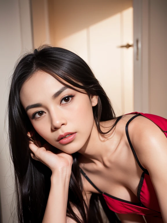 (1woman), Masterpiece,Realistic,Very realistic, best quality, tanned asian woman+attractive+clean+beautiful skin, Tang Yan+Tiffany Tang+Tang Yan+beautiful+symmetric+attractive+flirting+clean skin+nerd:0.8 face, dark brown shoulder long+straight+Victoria Ju...