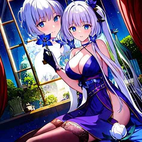 (masterpiece, best quality:1.2), 1girl, solo, white hair, black gloves, hand up, black stockings, indoors,