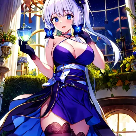 (masterpiece, best quality:1.2), 1girl, solo, white hair, black gloves, hands up, black stockings, indoors,