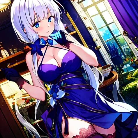 (masterpiece, best quality:1.2), 1girl, solo, white hair, black gloves, hands up, black stockings, indoors,