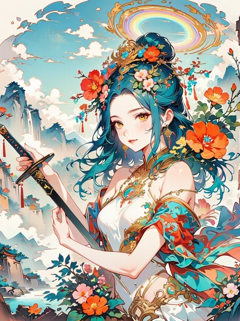 chinese ink style, chinese dream landscape, there was a beautiful lady holding a sword, fair and smooth skin, flowers bloom, it ...