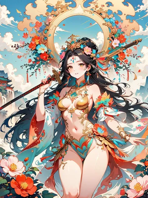 Chinese ink style, Chinese dream landscape, There was a beautiful lady holding a sword, fair and smooth skin, Flowers bloom, It is beautiful and delicate, Gold ornaments, turquoise decoration, Various gemstones, no clothes, Beautiful flowers, goddess, extr...