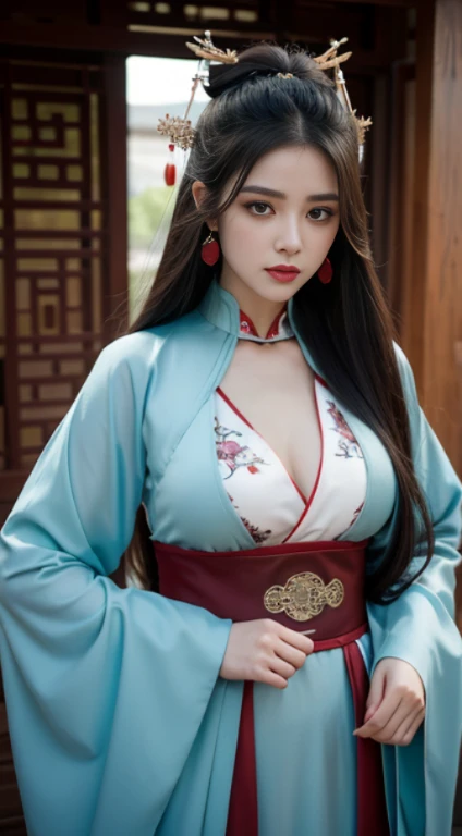 lifelike, High resolution, 1 female, Hips raised, beautiful eyes, long hair, eye socket, jewelry, tattoo, hanfu, Chinese fairy, Taoist clothing