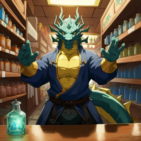 on the counter of a shop full of glowing potions，a dragon in a medieval tight-fitting costume，there is a huge bulge，greet you wi...