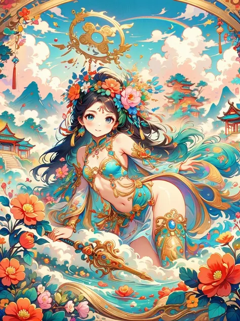 Chinese ink style, Chinese dream landscape, There was a beautiful lady holding a sword, fair and smooth skin, Flowers bloom, It is beautiful and delicate, Gold ornaments, turquoise decoration, Various gemstones, no clothes, Beautiful flowers, goddess, extr...