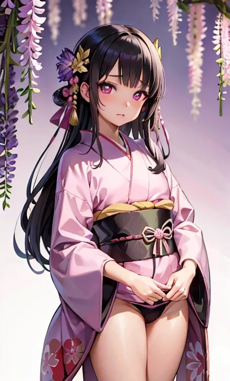 masterpiece, (pink kimono), fascinating face, good lighting, low cut, small details, masterpiece, shining eyes, 1 girl, black hair, gag, bamboo, Nezuko Kamado, wisteria background, masterpiece, highest quality, throw, whole body, wide hips,