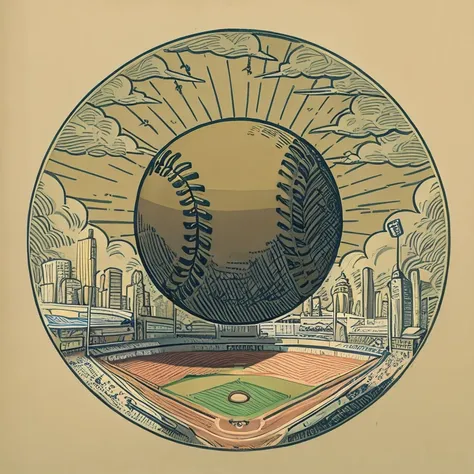 arafed baseball ball flying over a baseball field with a city in the background, High Detail Illustration, Clean detail art, highly detailed illustrations, detailed digital illustration, Super detailed illustrations, baseball stadium, baseball, hyper detai...