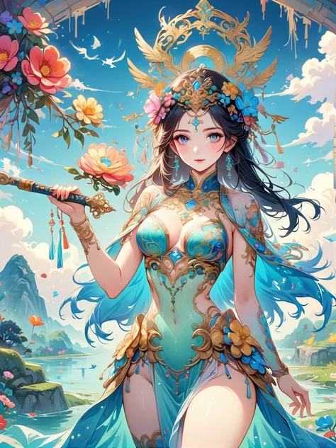 Chinese ink style, Chinese dream landscape, There was a beautiful lady holding a sword, fair and smooth skin, Flowers bloom, It is beautiful and delicate, Gold ornaments, turquoise decoration, Various gemstones, no clothes, Beautiful flowers, goddess, extr...