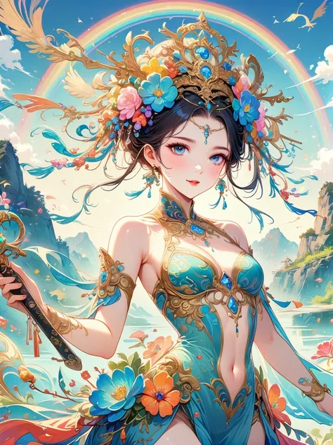 Chinese ink style, Chinese dream landscape, There was a beautiful lady holding a sword, fair and smooth skin, Flowers bloom, It is beautiful and delicate, Gold ornaments, turquoise decoration, Various gemstones, no clothes, Beautiful flowers, goddess, extr...