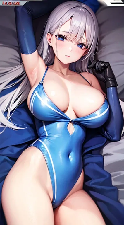 Laquadia, blue lips,big breasts,jewelry,Bukkake,gray hair、nipple、sexy face、High resolution、high quality、Creampie、Squirting、risque swimsuit、long gloves、blue swimsuit、青いlong gloves、超High resolution, (film grain: 1.4)、とてもbig breasts、I&#39;pushed onto the bed、...