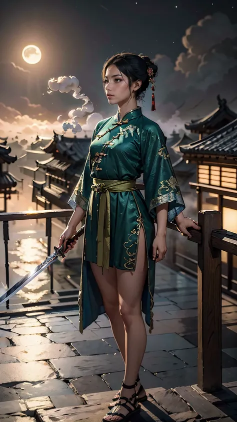 (((highest quality))),(((super detailed))),(((masterpiece))),figure,1 man,1 female,swordsman,Woman warrior,traditional chinese costume,Are standing,ink style,martial arts,Pause,rooftop,moonlight,night,background,ancient chinese architecture,Foggy Mountain々...