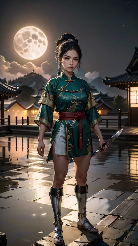 (((highest quality))),(((super detailed))),(((masterpiece))),figure,1 man,1 female,swordsman,Woman warrior,traditional chinese costume,Are standing,ink style,martial arts,Pause,rooftop,moonlight,night,background,ancient chinese architecture,Foggy Mountain々...