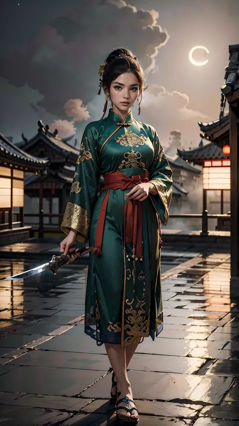 (((highest quality))),(((super detailed))),(((masterpiece))),figure,1 man,1 female,swordsman,Woman warrior,traditional chinese costume,Are standing,ink style,martial arts,Pause,rooftop,moonlight,night,background,ancient chinese architecture,Foggy Mountain々...