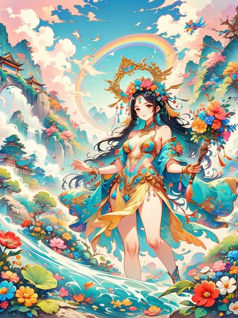 Chinese ink style, Chinese dream landscape, There was a beautiful lady holding a sword, fair and smooth skin, Flowers bloom, It is beautiful and delicate, Gold ornaments, turquoise decoration, Various gemstones, no clothes, Beautiful flowers, goddess, extr...