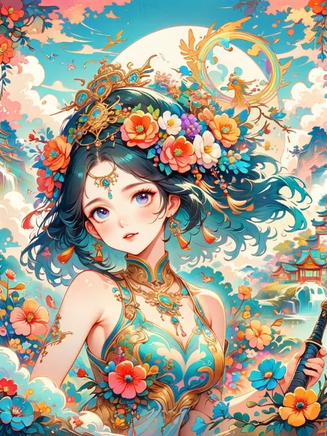 Chinese ink style, Chinese dream landscape, There was a beautiful lady holding a sword, fair and smooth skin, Flowers bloom, It is beautiful and delicate, Gold ornaments, turquoise decoration, Various gemstones, no clothes, Beautiful flowers, goddess, extr...