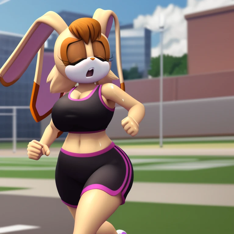 Masterpiece, high quality, studio quality, intricate details, 4k, 1girl, Vanilla the Rabbit, dipstick ears, sweating, bare midriff, eyes closed, big breasts,sports bra, daytime, jogging, ((best quality)), ((masterpiece)), (detailed)
