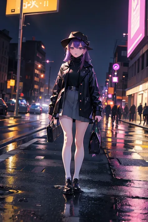 (1 girl), masterpiece, photoactual, 8K, (actual: 1.2), whole body, looking at the audience, pantyhose, purple hair, (Kafka: 1.2), walk, beauty, night, night sky, City, Cityscape, rain, (dramatic: 1.2)