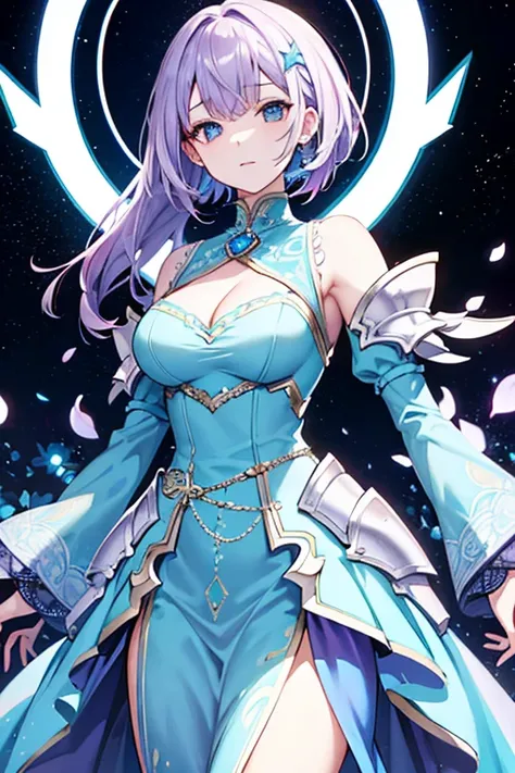 A woman with lilac hair and an elaborate cyan dress armor, permanent,  Star, intricate details, perfect face