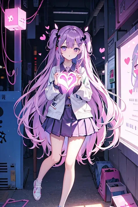 1 girl,, , cube hair accessories, skirt, decorate, gloom (Express), hair accessories, Heart, Heart hands, light purple long hair, look away,  玛丽珍shoe, one side up=, shoe, short skirt, alone, =