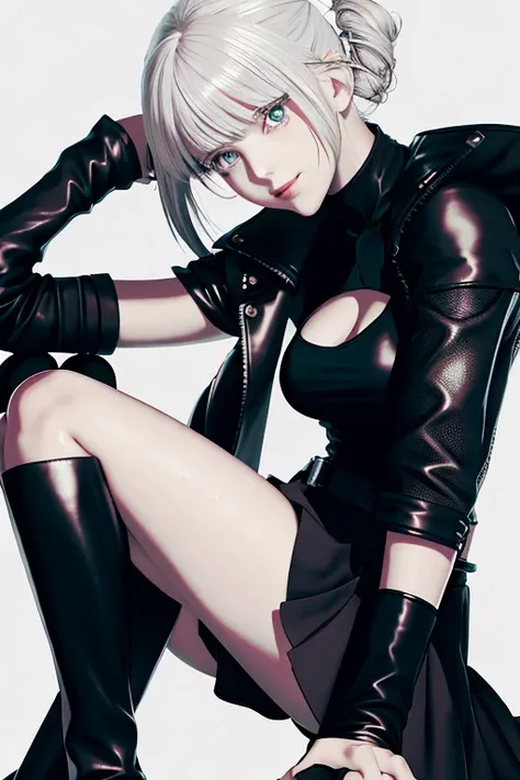 Anime - style image of a woman in a short skirt and a leather jacket, perfect white-haired girl, 2 b, 2b, realistic anime girl rendering, badass anime 8 K, Tifa Lockhart with white hair, 2b nier automata, nier 2 b, Guvez on art station Pixiv, white-haired ...